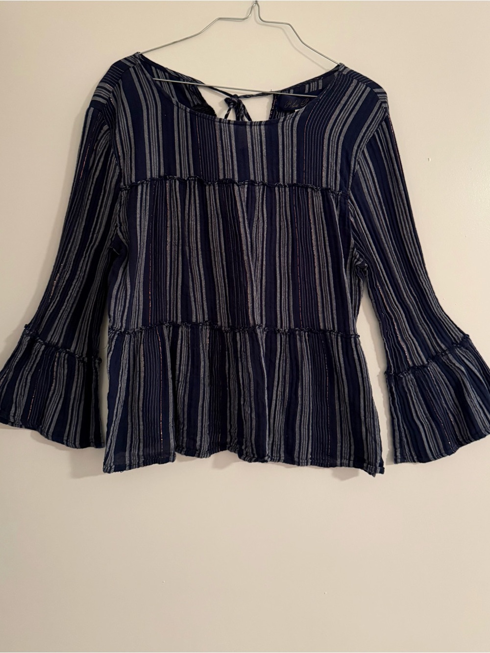 Women’s Navy Striped Peplum Bell-Sleeve Top